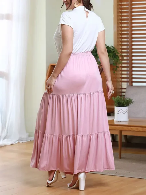 Elegant Plus Size Pink Ruffled Lace-Up Pleated Summer Skirt