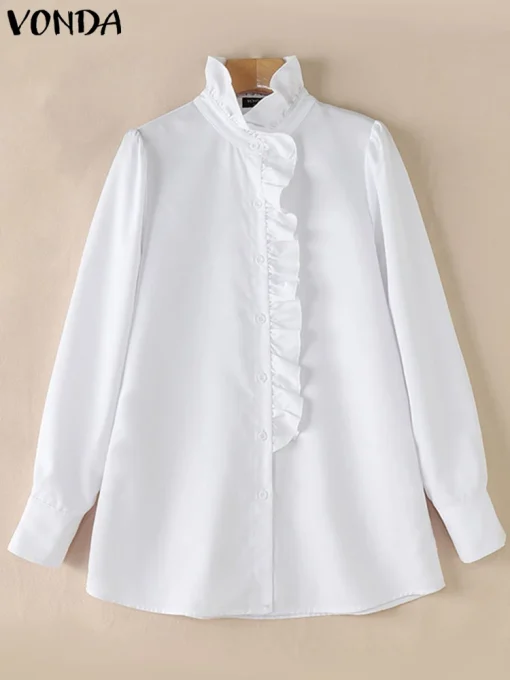 Plus Size Elegant Ruffle Neck Long Sleeve Shirt - Image 2