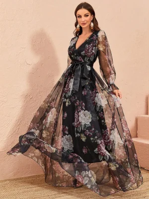 Elegant Floral Maxi Dress with Flare Sleeves and Lace Overlay