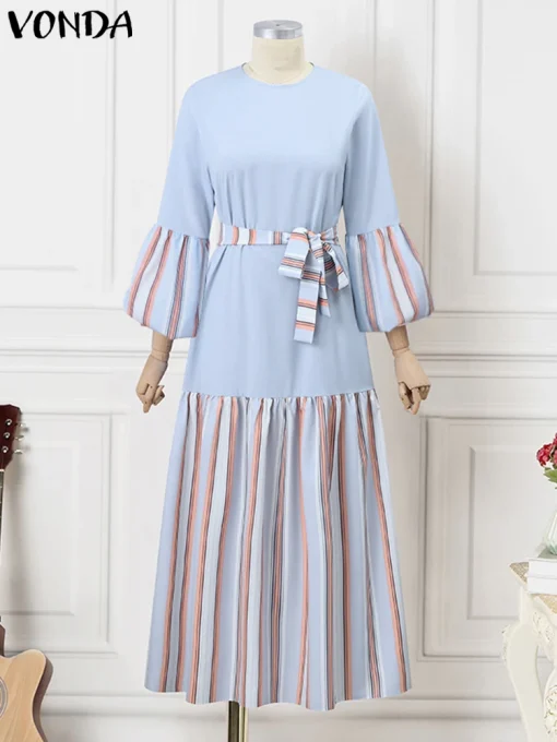 Plus Size Elegant Bohemian Long Sleeve Belted Dress - Image 2