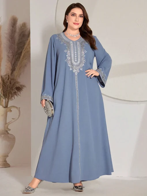 Plus Size V-Neck Sequin Embroidered Long Sleeve Maxi Dress