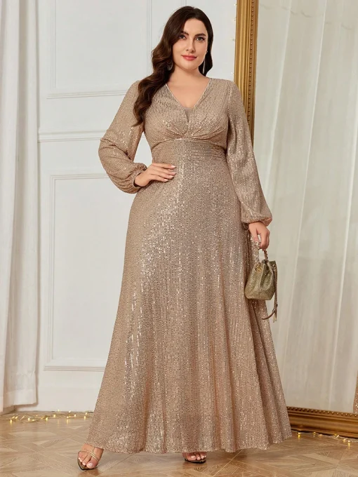 Luxury Plus Size V-Neck Lantern Sleeve Sequin Maxi Dress