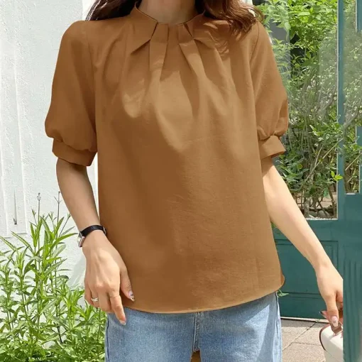 Women’s Elegant Short Puff Sleeve Office Blouse - Image 6