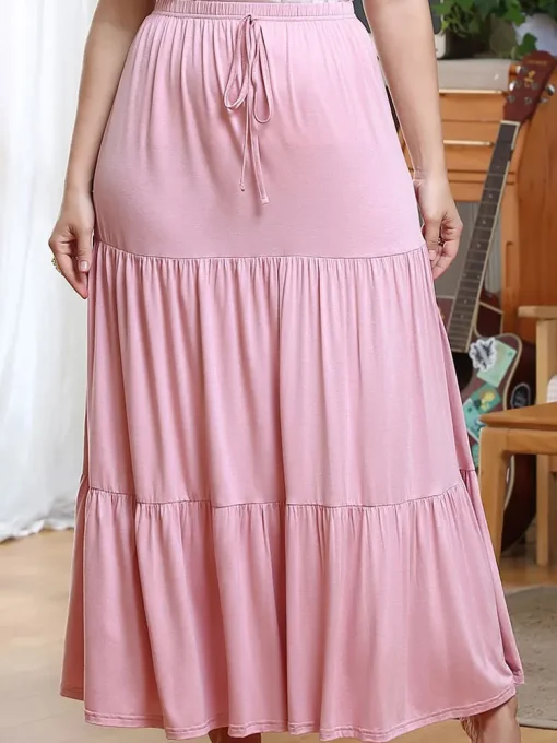 Elegant Plus Size Pink Ruffled Lace-Up Pleated Summer Skirt - Image 4