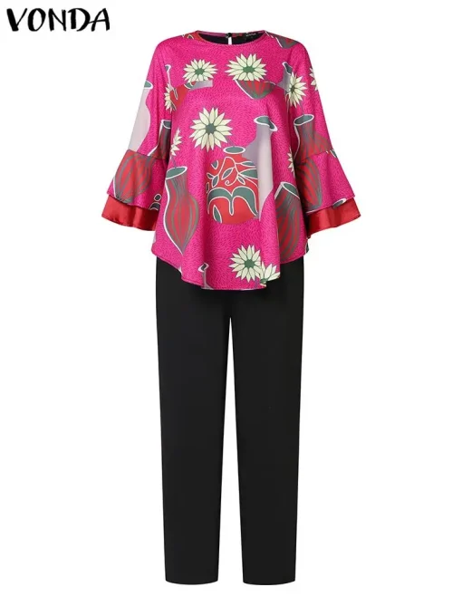 Elegant Plus Size Floral Printed Vintage Pant Set - Image 2