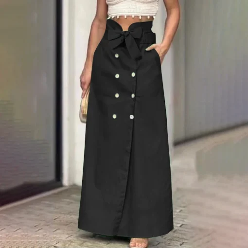 Women Office Maxi Skirt with Bow and Buttons - Image 6