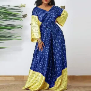 Vintage Patchwork Maxi Dress with V Neck and Long Sleeves