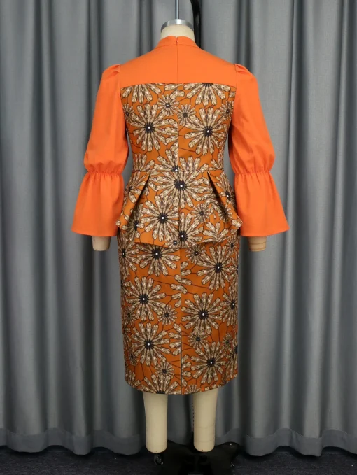 Orange Petal Printed Bodycon Midi Dress with Bell Sleeves - Image 3