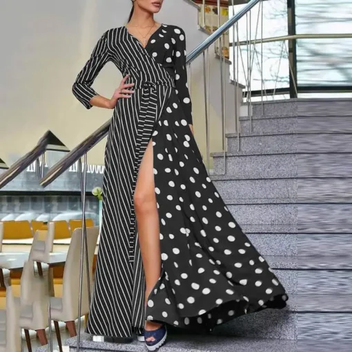 Women Elegant V-Neck Split Stripes Polka Dot Dress