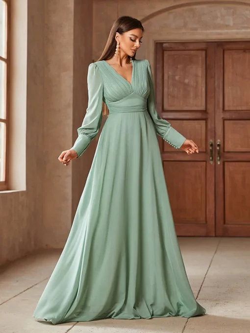 Luxury Elegant V-Neck Solid Color Long Sleeve Evening Dress - Image 3