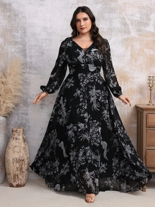 Elegant V-Neck Lace Mesh Floral Plus Size Maxi Dress