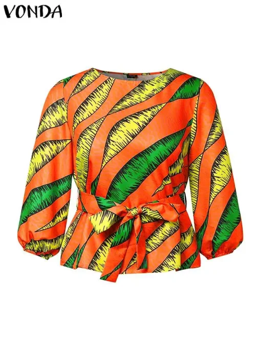 Women’s Elegant Printed Short Puff Sleeve Blouse - Image 2