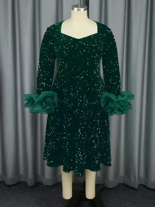 Green Glitter Velvet Long Sleeve Mesh Flower Evening Dress - Image 2