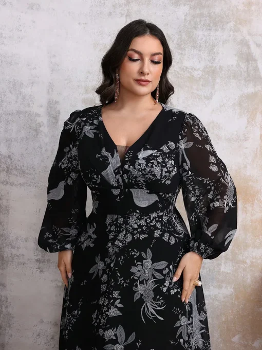 Elegant V-Neck Lace Mesh Floral Plus Size Maxi Dress - Image 3