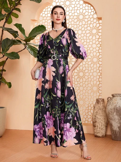 Women's Boho Print Floor-Length Dress with Lantern Sleeves - Image 3