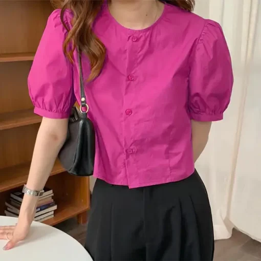 Casual Loose Pleated Short Sleeve Round Neck Blouse - Image 8