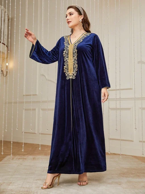 Elegant Plus Size Velvet Lace Contrast Abaya Maxi Dress - Image 2