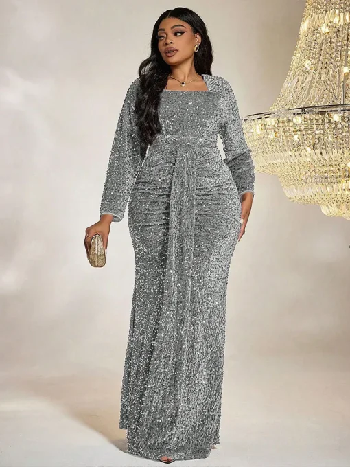 Plus Size Luxury Sequined Fishtail Evening Gown Dress