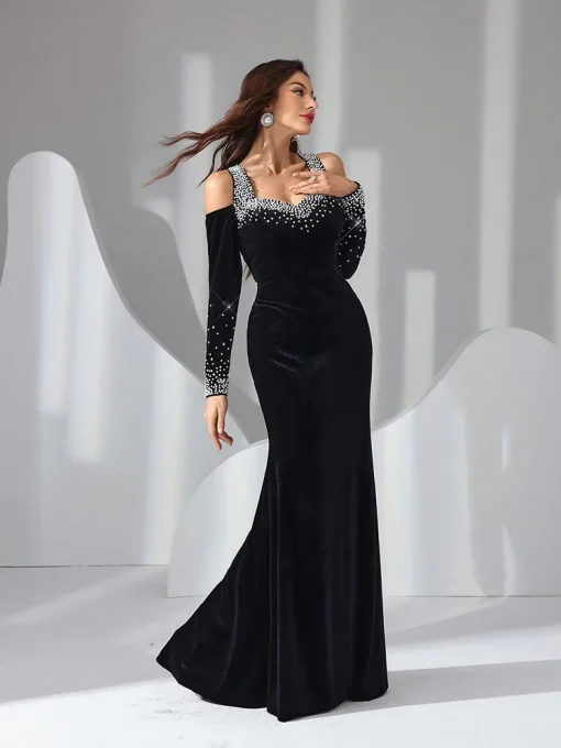 Women's Velvet Bow Tie Backless Evening Prom Maxi Dress - Image 5