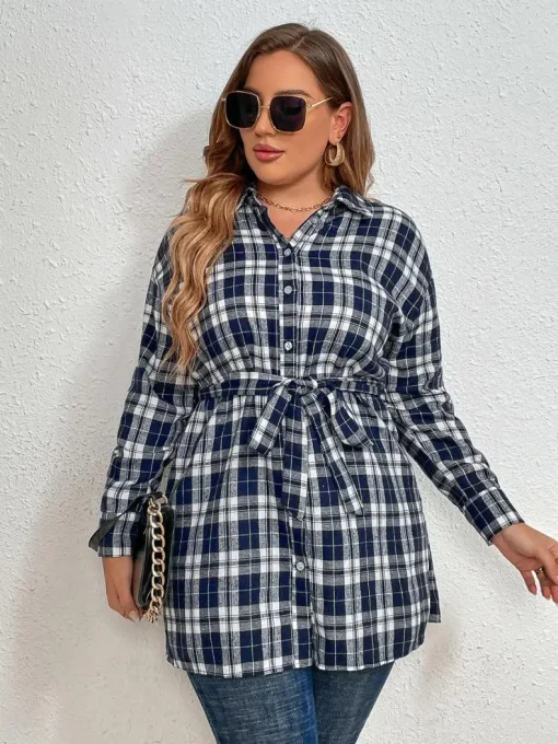 Plus Size Elegant Linen Long Plaid Blouse for Women - Image 8