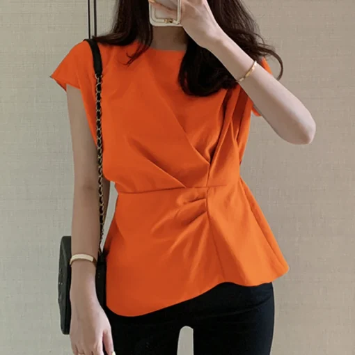 Women Elegant Short Sleeve Solid Color Bohemian Blouse - Image 5