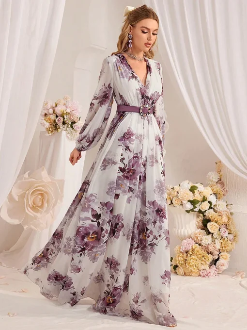 Elegant Floral Mesh Lantern Sleeve Belted Holiday Long Dress - Image 4