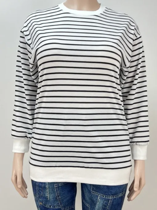 Plus Size Casual Long Sleeve Stripe Print T-Shirt - Image 3