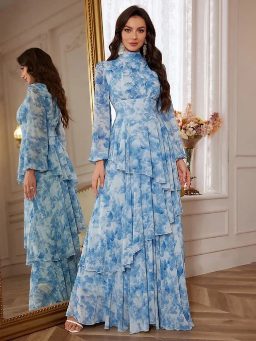 Elegant Floral Lantern Sleeve Ruffle Chiffon Maxi Dress - Image 6