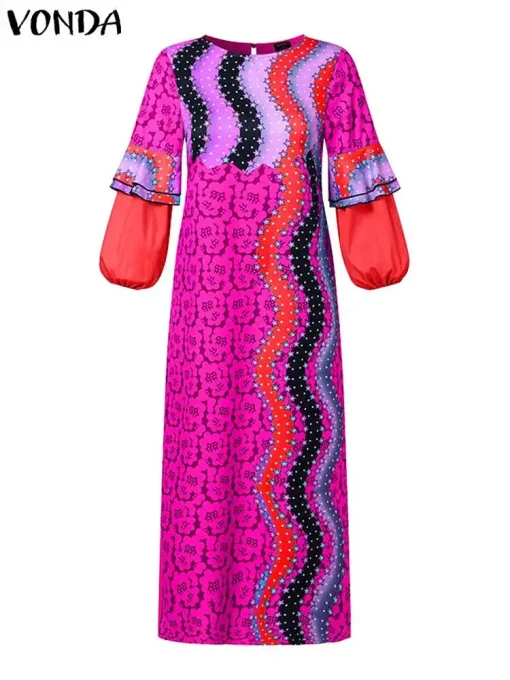 Bohemian Retro Printed Maxi Dress with Puff Sleeves for Women - Image 2