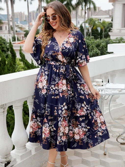 Elegant Plus Size Printed Lace-Up V-Neck Party Dress