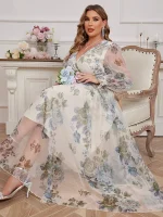 Plus Size Floral V-Neck Spliced Mesh Maxi Dress