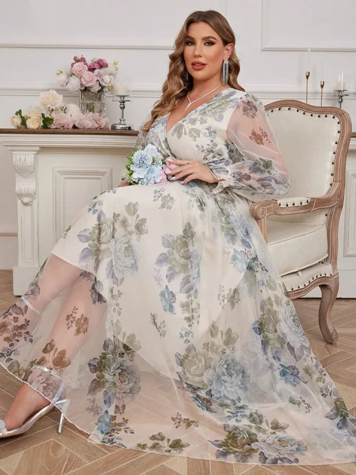 Plus Size Floral V-Neck Spliced Mesh Maxi Dress