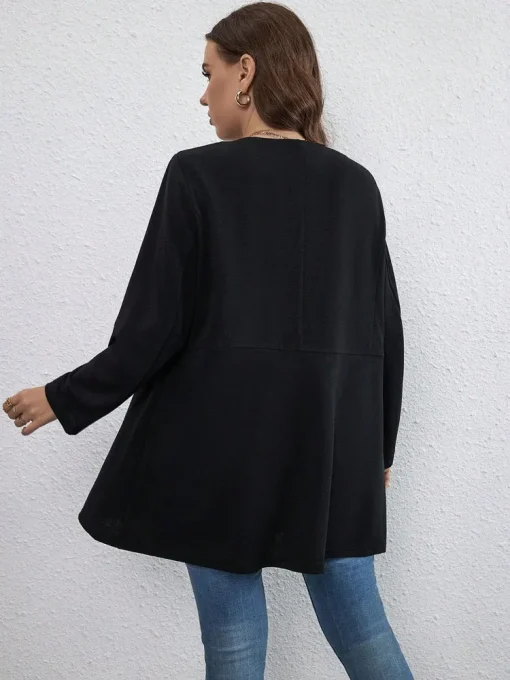 Plus Size Monochrome Black Crew Neck Long Blouse - Image 2