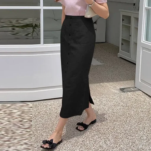 Elegant Summer Midi Skirt with Buttons and Pockets - Image 5