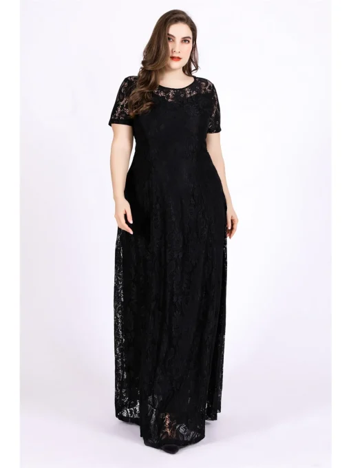 Plus Size Lace Floral Short Sleeve Evening Dress