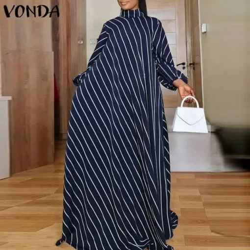 Women's Striped Bohemian High Neck Maxi Dress - Image 8