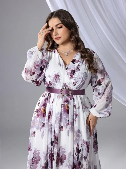 Plus Size Floral Print V-Neck Long Sleeve Maxi Dress - Image 3