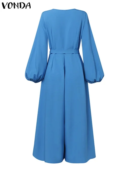 Elegant Solid Color Long Lantern Sleeve Jumpsuit - Image 3