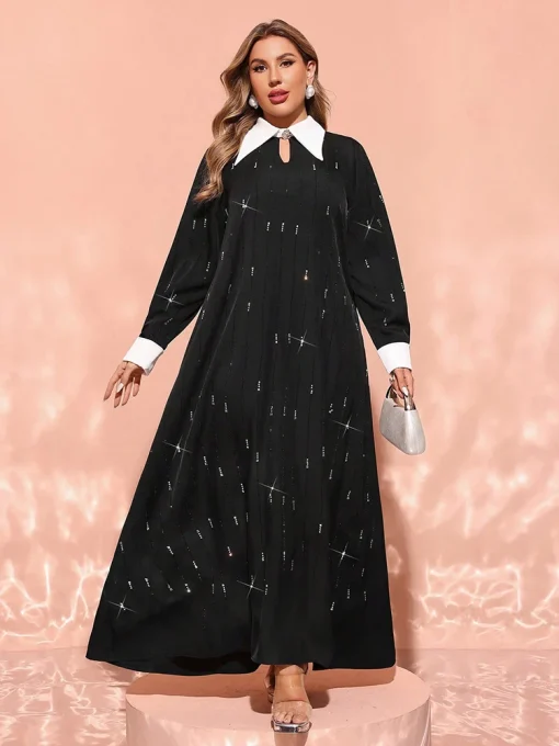 Plus Size Elegant Contrast Color Long Sleeve Maxi Dress - Image 4