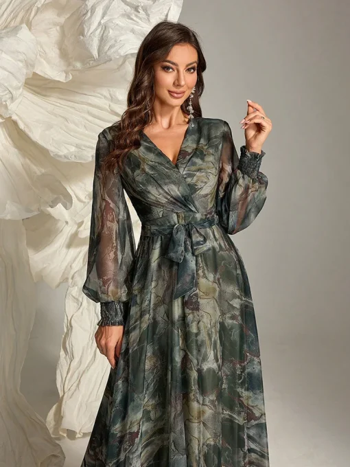 Women's Cross Wrap Floral Print Long Sleeve Maxi Dress - Image 3