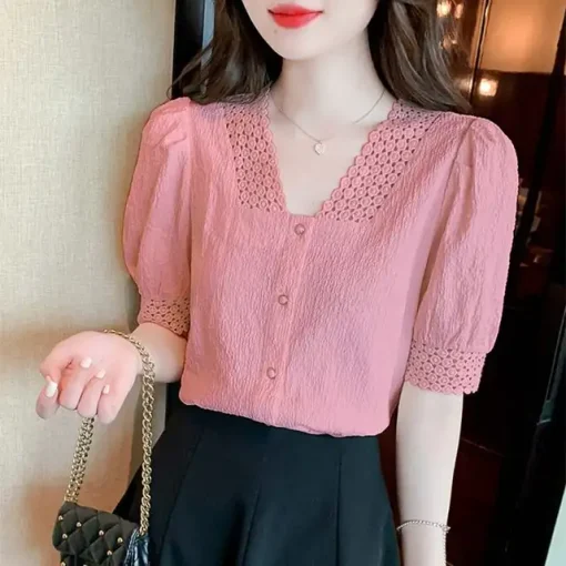 Women's Lace V-Neck Short Puff Sleeve Top - Image 8