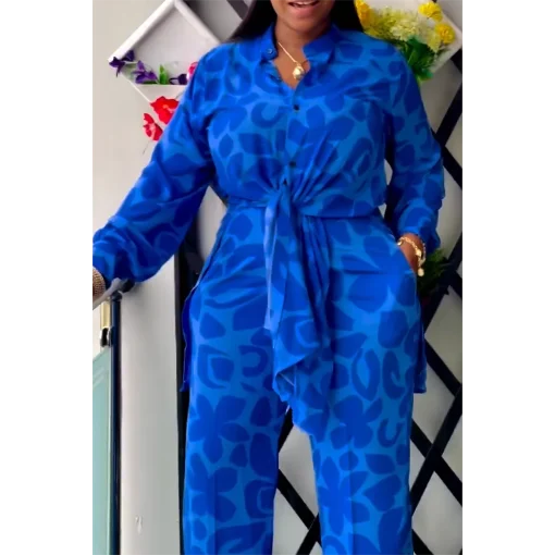 Plus Size Blue Leopard Print Long Sleeve Pant Set - Image 3