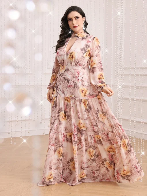 Plus Size Floral Print Keyhole Neck Long Sleeve Dress - Image 3