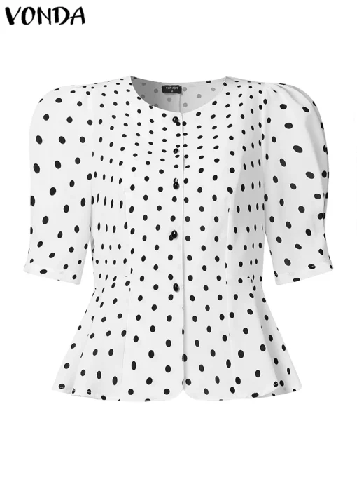 Elegant Polka Dot Summer Blouse with Puff Sleeves - Image 2