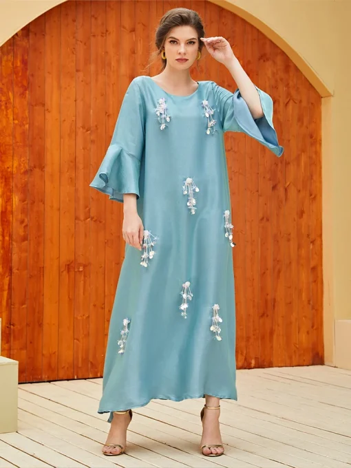 Beaded Floor-Length Dress with Trumpet Sleeves and Crew Neck - Image 3