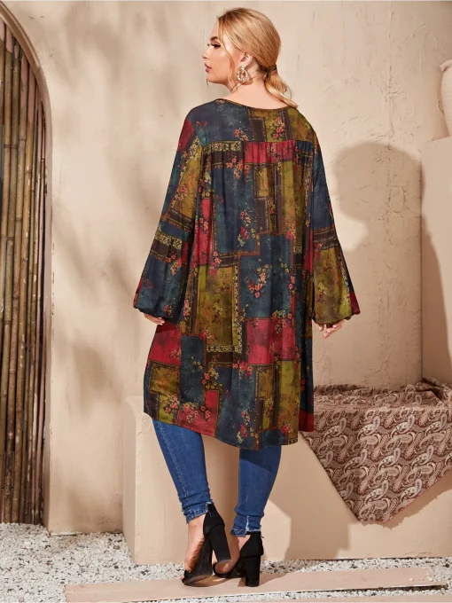 Plus Size Oversized Long Sleeve Retro Floral Maxi Dress - Image 4