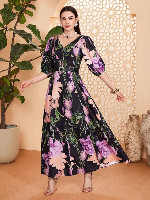 Women's Boho Print Floor-Length Dress with Lantern Sleeves - Image 4