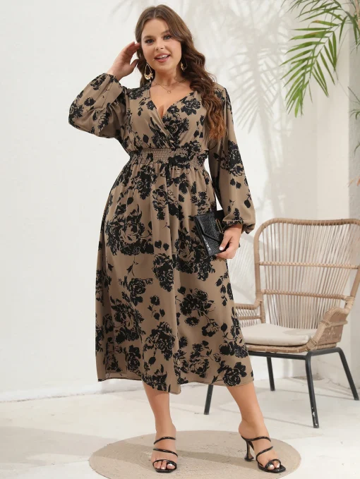 Elegant Plus Size V-Neck Printed Long Sleeve Linen Dress - Image 3