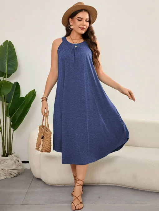 Elegant Plus Size Sleeveless Solid O-Neck Beach Dress - Image 5