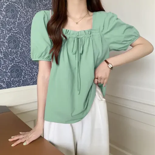 Summer Ruffle Casual Short Sleeve Square Neck Blouse - Image 7